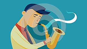A saxophonist blowing into a secondhand saxophone his eyes closed as he tests out the instruments sound quality.. Vector