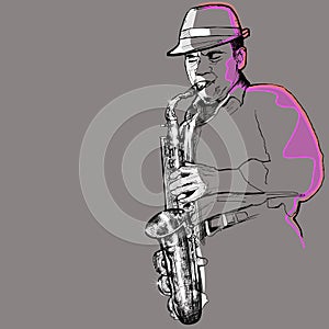Saxophonist on a grey background