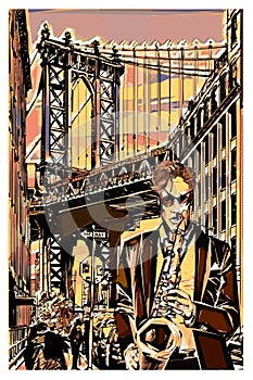 Saxophonist near Manhattan Bridge in brooklyn