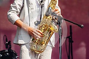 Saxophonist playing at a jazz festival in a city park