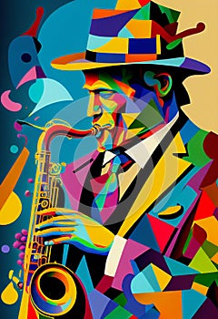 Saxophonist playing a saxophone in an abstract cubist style