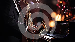 Saxophonist playing the saxophone on a dark background. Close-up