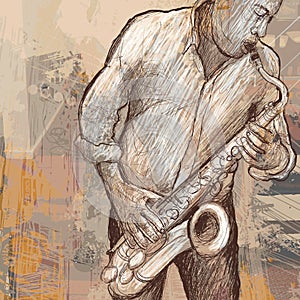 Saxophonist playing saxophone on grunge background