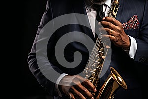 Saxophonist playing saxophone at world jazz festival. Musical background with copy space for text.