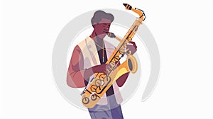 A saxophonist playing solo. African jazzman playing saxophone. Flat modern illustration isolated on white.