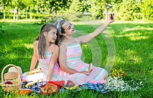 Say cheese. Happy children take selfie at picnic. Selfie shooting. Modern life. New technology. Summer vacation. Family