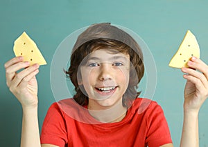 Say cheese smile preteen boy with two cheese slices