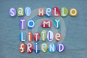 Say hello to my little friend, creative message composed with multi colored stone letters over green sand