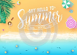 Say Hello to Summer Message in Sea Side Beach Resort Design Top View Creative Banner with Palm Trees, Tropical Leaves,