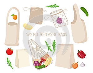 Say No to plastic bags. Eco bag set. Different bag options, Canvas, string, paper. Shopper, ecological fabric package