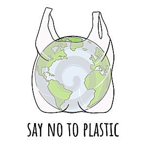 Say no to plastic bags. Planet Earth in polythene bag