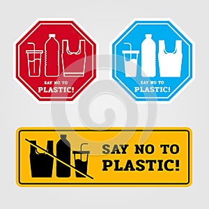 Say no to plastic banner with bag Glass bottle made of plastic sign in banner 3 style vector design