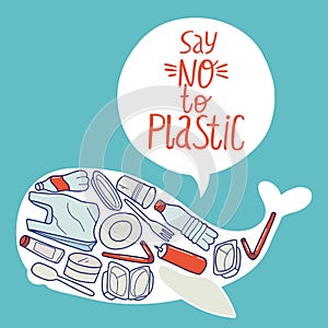 Say no to plastic. Ecological illustration. Problem plastic pollution. Whale composed of white plastic waste bag, bottle on blue
