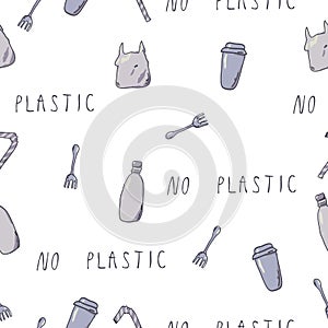 Say no to plastic. Recycling and ecology vector kawaii print. Seamless pattern