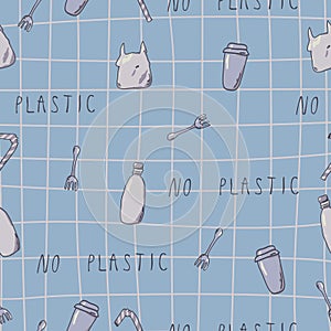 Say no to plastic. Recycling and ecology vector kawaii print. Seamless pattern