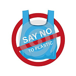 Say no to plastic text on blue plastic bag in red stop circle sign vector design