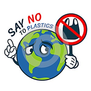 Say no to plastic with world charator hold stop plastic banner vector design