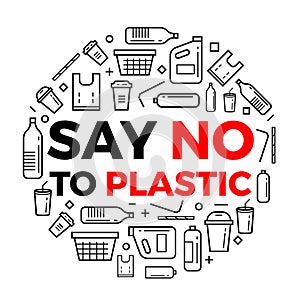 Say no to plastice text and plastice package line icons sign around circle vector design