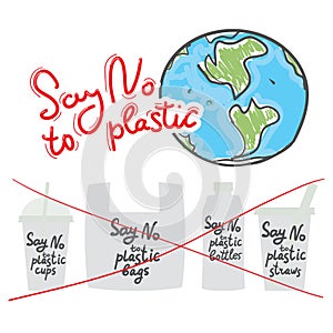 Say no to single-use plastic. Living plastic free. Earth, cups bags bottles straws. Black text, calligraphy, lettering, doodle by