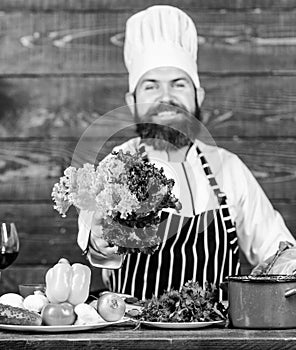 Say no to unhealthy food. Happy bearded man. chef recipe. Dieting organic food. Healthy food cooking. Mature hipster