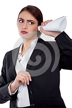 Say What? Business woman listening and trying to understand - Stock Image