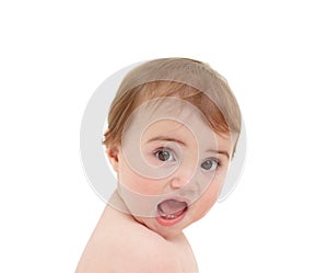 Say what. Portrait of a cute baby isolated on white.