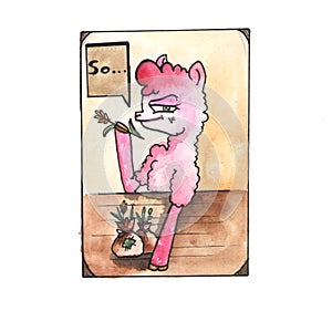 So... says pink Llama with spikelet. Funny watercolor sketch cartoon alpaca on white background