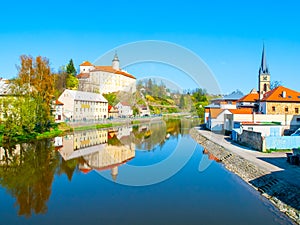 Sazava River in Ledec nad Sazavou. Panoramic view with Ledec Castle and town centre