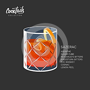 Sazerac Cocktail recipe lemon peel glass vector illustration