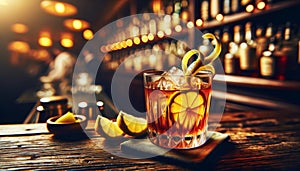 Sazerac with a lemon twist, served on a vintage wooden bar, focus on the citrus garnish, ambient bar lighting.. AI