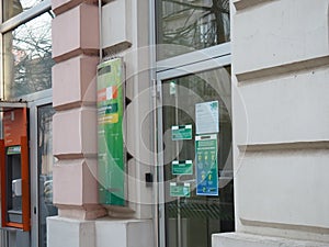 Sberbank, facade and entrance to the European branch of the subsidiary Sberbank of Russia. Sanctions to the financial