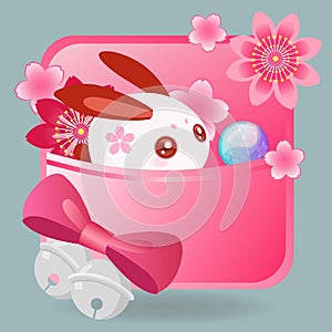 Japanese style in blue background has folder vector icons decorated with sakura and rabbit Bow Bells