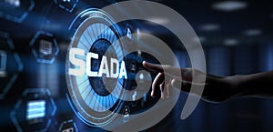 SCADA system Supervisory Control And Data Acquisition technology concept. Hand pressing button