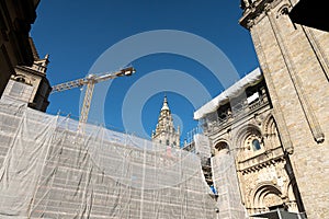 Scaffold covered with a white canvas for protection on Santiago de Compostela Cathedral