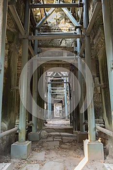 Scaffolder inside Ta Prohm Temple in Angkor Thom, Cambodia photo