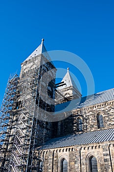 Scaffolding along Lund cathedral steeple in preparation for roof repair