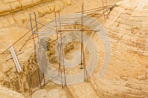 Scaffolding behind the great Sphinx in Giza plateau. Cairo, Egypt