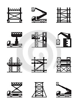 Scaffolding and construction cranes icon set