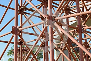 Scaffolding Elements Construction. Metal scaffolding tubes and bars. Construction site details. Bridge support. Industrial.