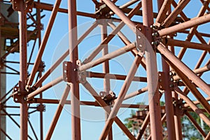 Scaffolding Elements Construction. Metal scaffolding tubes and bars. Construction site details. Bridge support. Industrial.