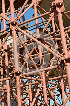 Scaffolding Elements Construction. Metal scaffolding tubes and bars. Construction site details. Bridge support. Industrial.