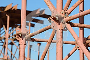 Scaffolding Elements Construction. Metal scaffolding tubes and bars. Construction site details. Bridge support. Industrial.