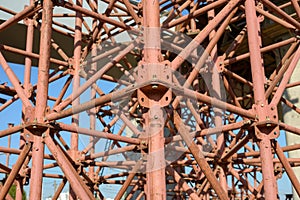 Scaffolding Elements Construction. Metal scaffolding tubes and bars. Construction site details. Bridge support. Industrial.
