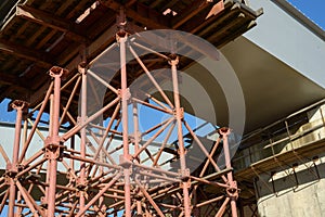 Scaffolding Elements Construction. Metal scaffolding tubes and bars. Construction site details. Bridge support. Industrial.