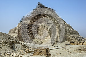 Scaffolding erected adjacent to the Step Pyramid in Egypt.