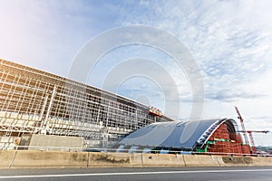 Scaffolding in the high altitude, scaffolding formed a myriad of grid, industrial and modern urban construction background. Under