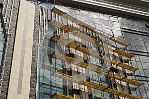 Scaffolding and rafters outside the building