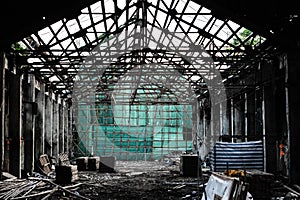 Scaffolding Stage with green canvas in ruins, china bamboo opera building