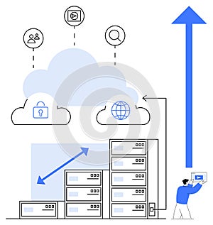 Scalable Cloud Computing with Data Security and Growth Arrow Indicating Expansion