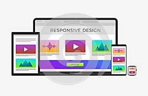 Scalable and flexible responsive web design concept - computer laptop, tablet, mobile phone, smart watch.